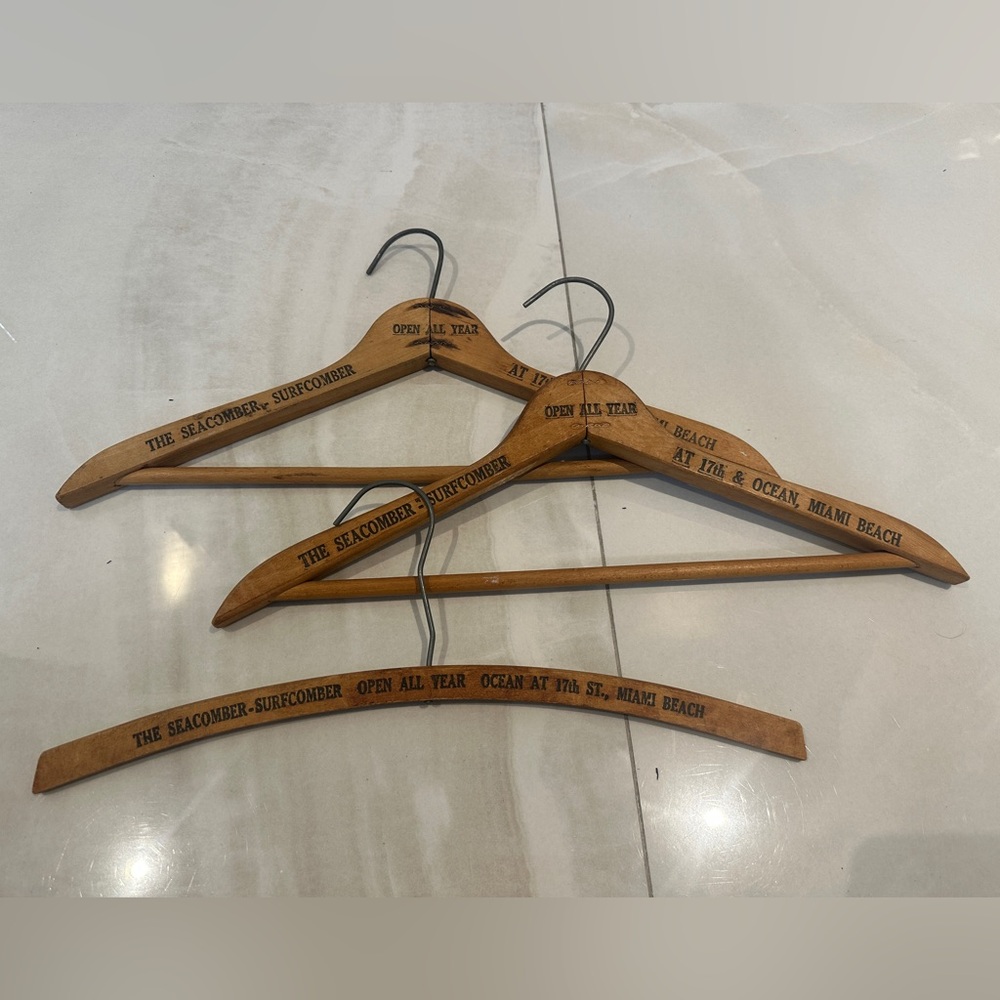 3 Rare Antique 1950 The Seacomber-Surfcomber Miami Beach Hotel Wooden Hangers